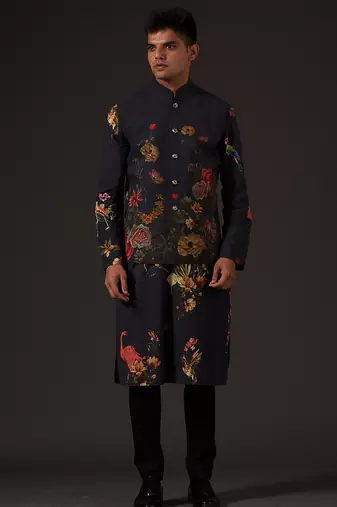 Black Floral Printed cotton nehru jacket