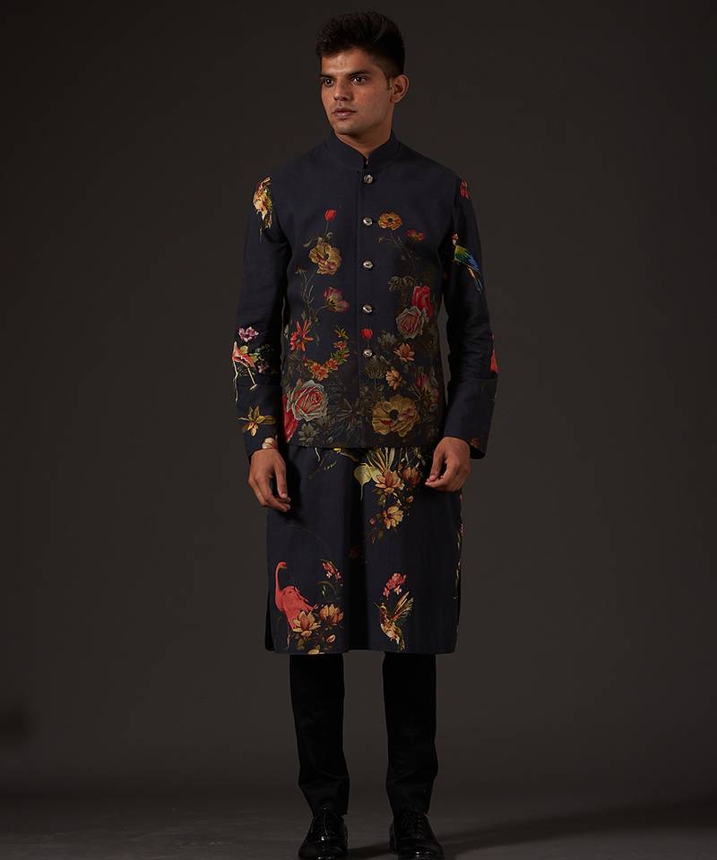 Black Floral Printed cotton nehru jacket