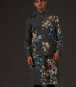 Grey Floral Printed cotton nehru jacket