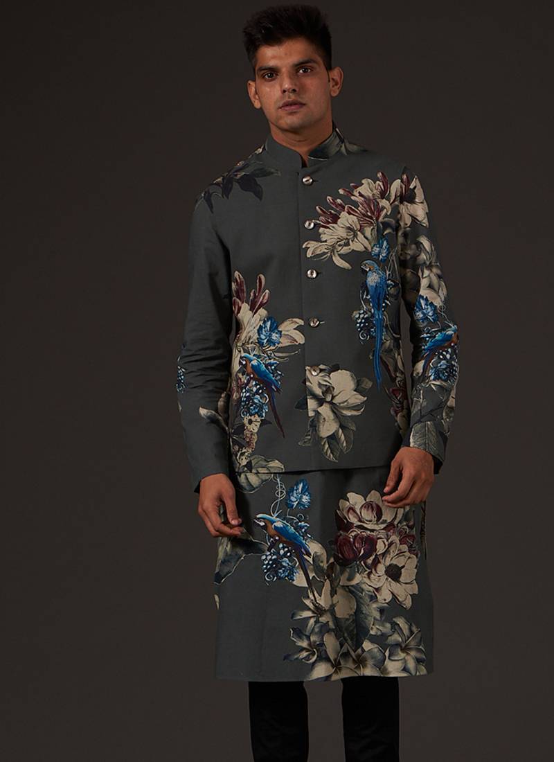 Grey Floral Printed cotton nehru jacket