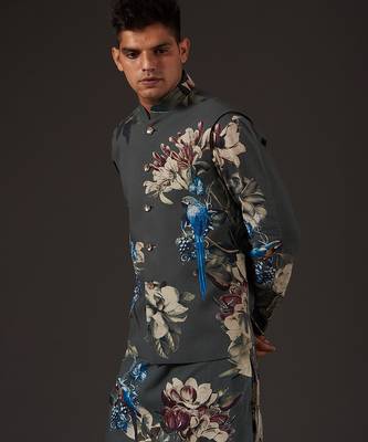 Grey Floral Printed cotton nehru jacket 2