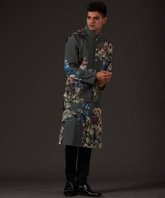 Grey Floral Printed cotton nehru jacket 3