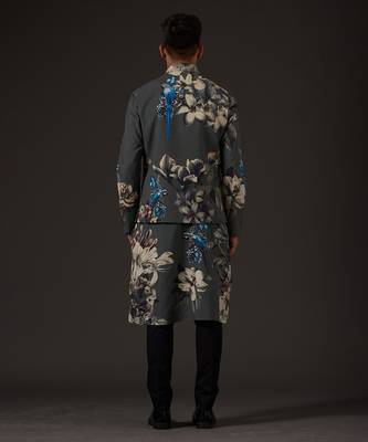 Grey Floral Printed cotton nehru jacket 4