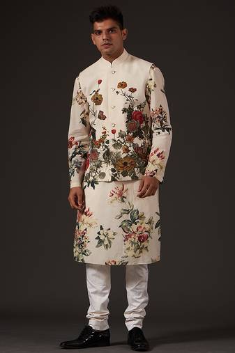White Floral Printed cotton nehru jacket