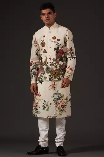 White Floral Printed cotton nehru jacket