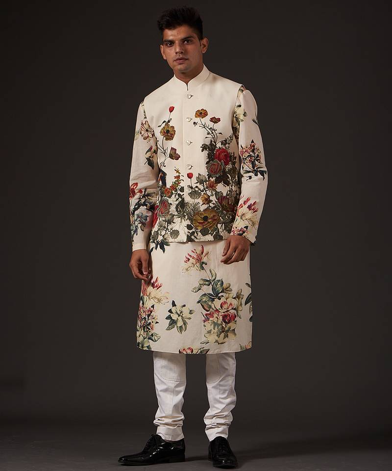 White Floral Printed cotton nehru jacket
