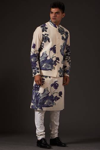 White Floral  Printed cotton nehru jacket