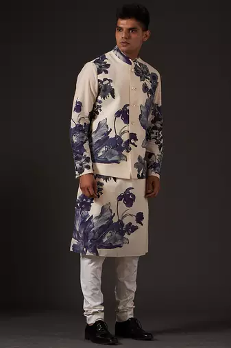 White Floral  Printed cotton nehru jacket