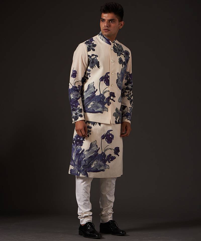 White Floral  Printed cotton nehru jacket