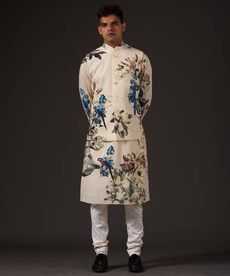 White Floral Printed cotton nehru jacket 1