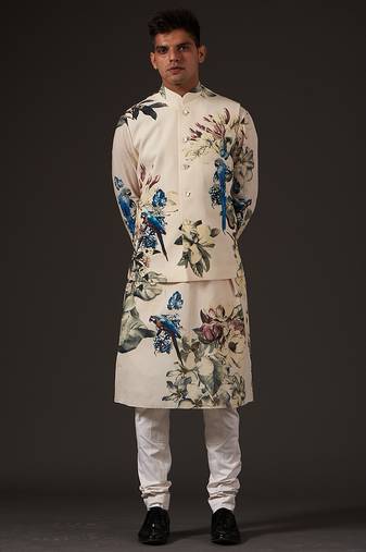 White Floral Printed cotton nehru jacket