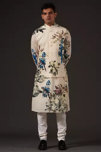 White Floral Printed cotton nehru jacket