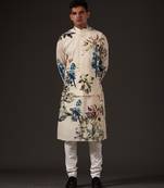 White Floral Printed cotton nehru jacket