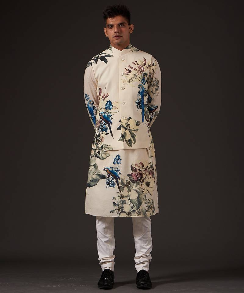 White Floral Printed cotton nehru jacket