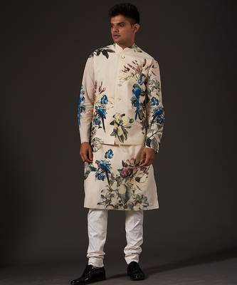 White Floral Printed cotton nehru jacket 2