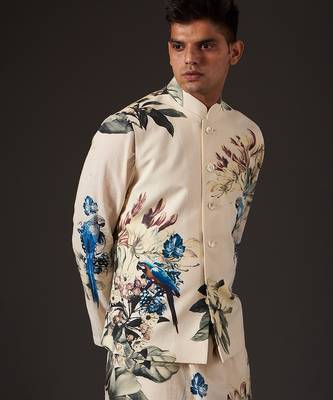 White Floral Printed cotton nehru jacket 3