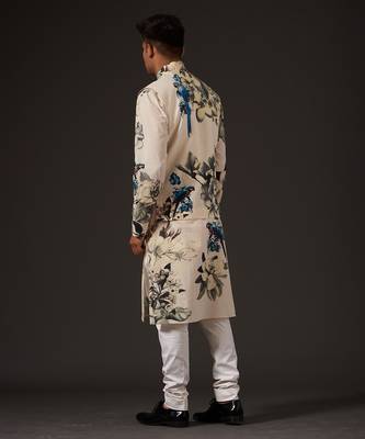 White Floral Printed cotton nehru jacket 4