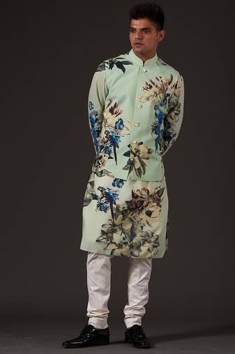 Green Floral Printed cotton nehru jacket
