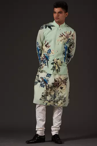 Green Floral Printed cotton nehru jacket