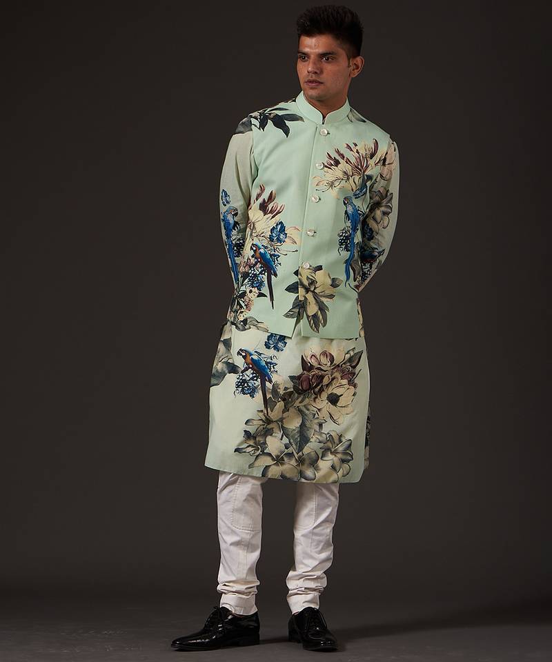 Green Floral Printed cotton nehru jacket
