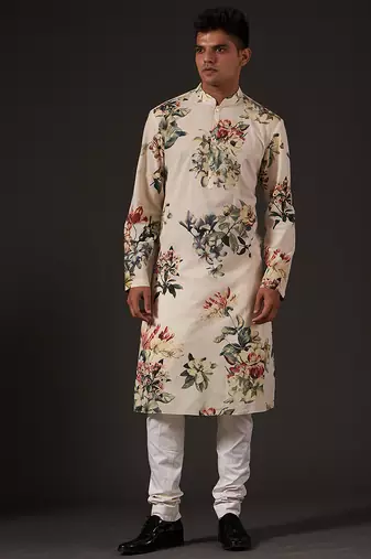 White Floral Printed cotton kurta pajama