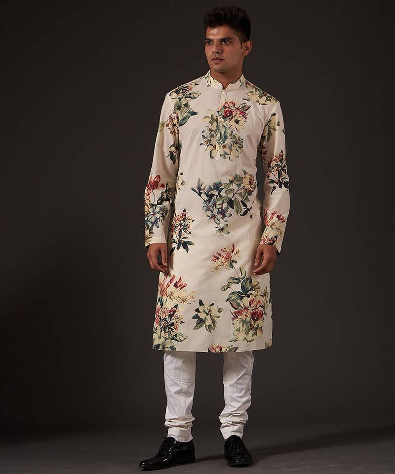 White Floral Printed cotton kurta pajama
