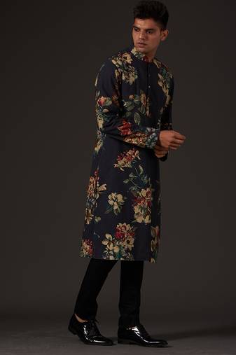 Black Floral  Printed cotton kurta pajama