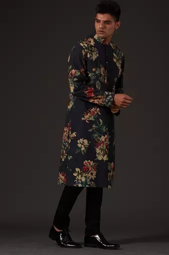 Black Floral  Printed cotton kurta pajama