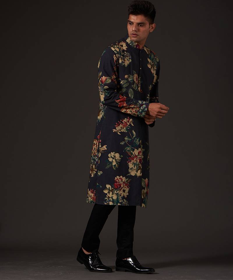 Black Floral  Printed cotton kurta pajama