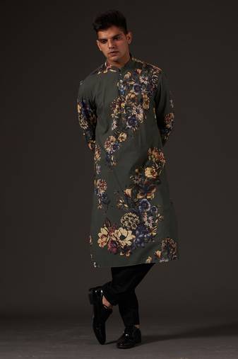 Grey Floral Printed cotton kurta pajama