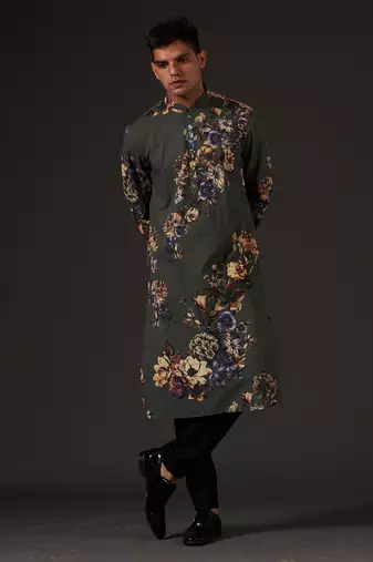 Grey Floral Printed cotton kurta pajama