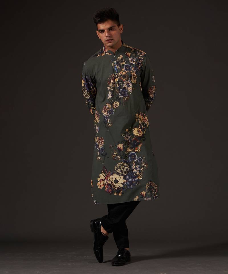 Grey Floral Printed cotton kurta pajama