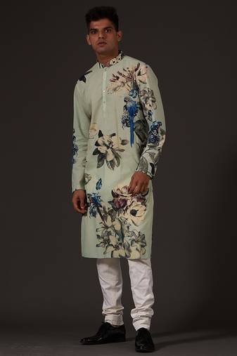 Green Floral Printed cotton kurta pajama
