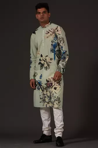 Green Floral Printed cotton kurta pajama