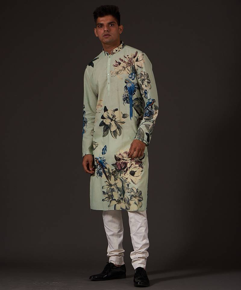Green Floral Printed cotton kurta pajama