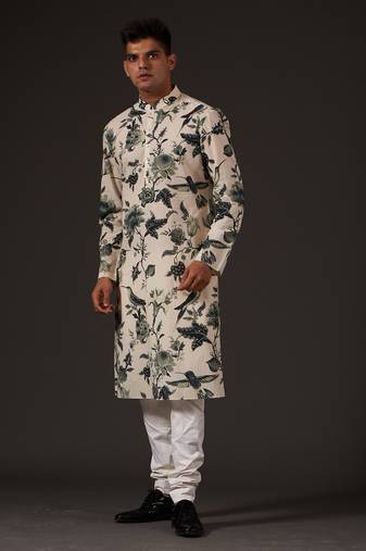 White Floral Printed cotton kurta pajama