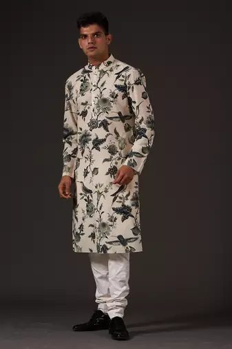 White Floral Printed cotton kurta pajama