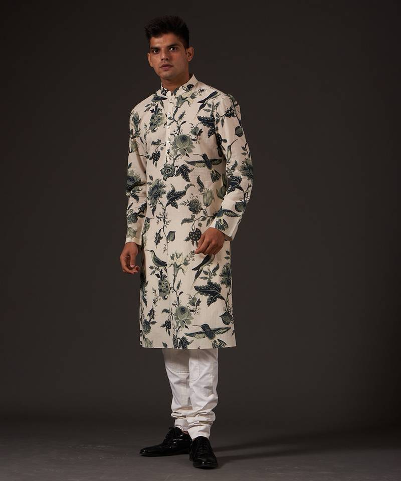 White Floral Printed cotton kurta pajama