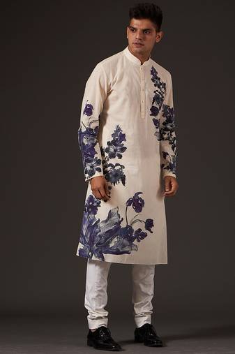 White Floral Printed cotton kurta pajama