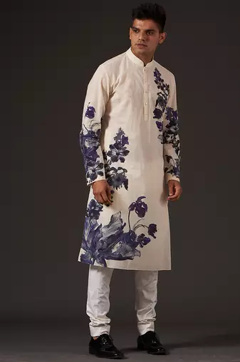 White Floral Printed cotton kurta pajama