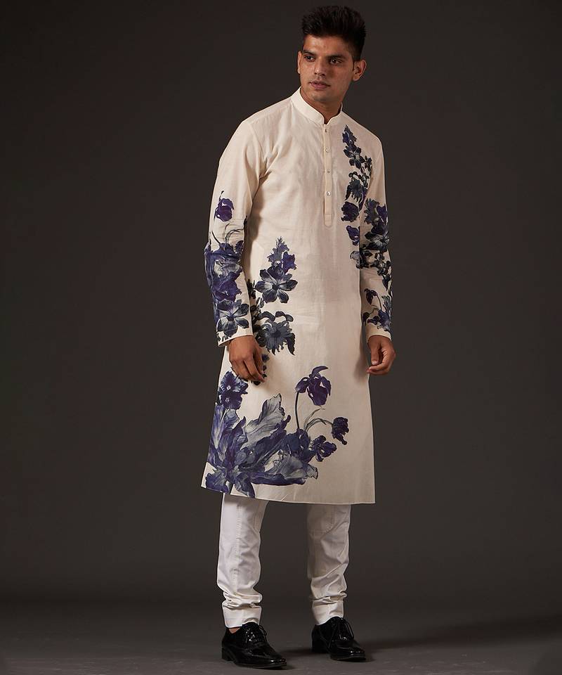 White Floral Printed cotton kurta pajama