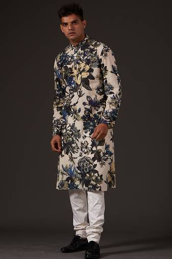 White Floral  Printed cotton kurta pajama