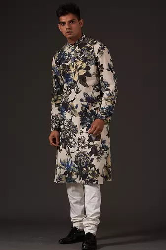 White Floral  Printed cotton kurta pajama