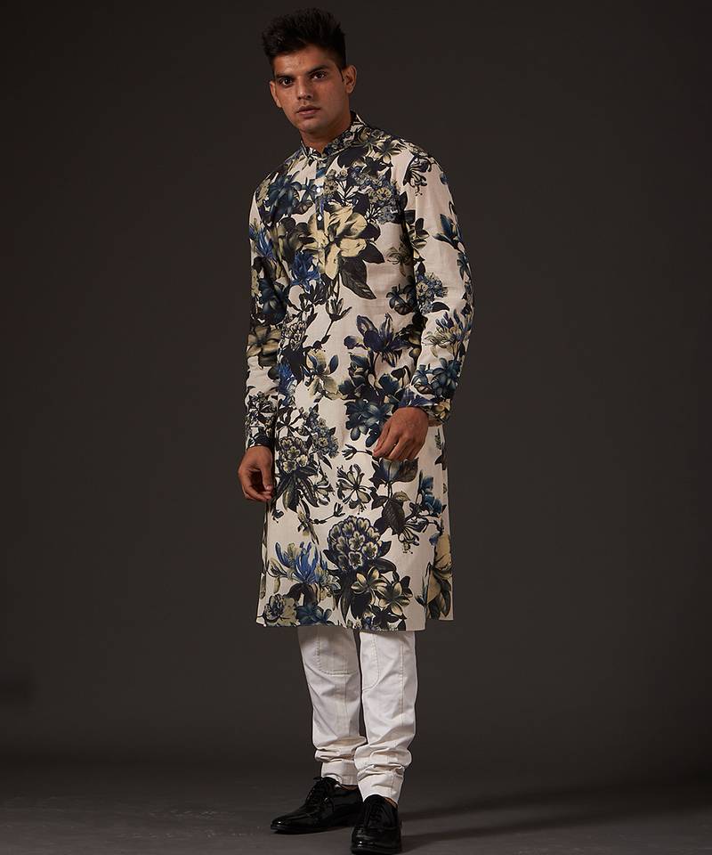 White Floral  Printed cotton kurta pajama
