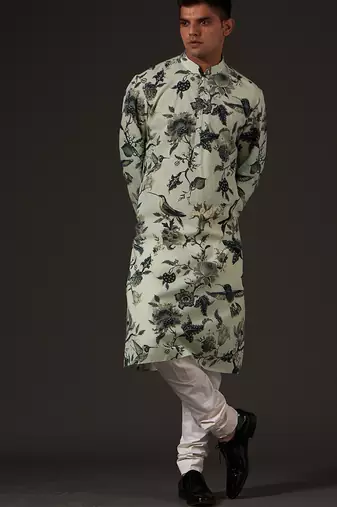 Green Floral Printed cotton kurta pajama
