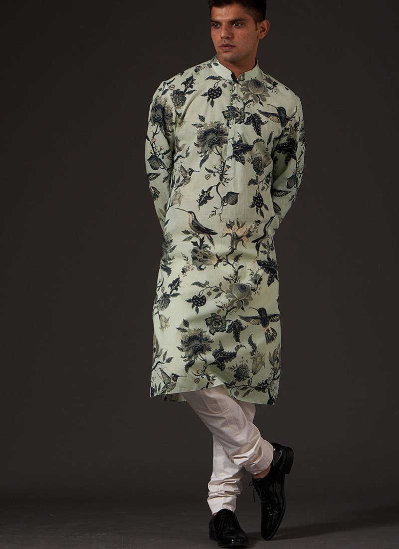 Green Floral Printed cotton kurta pajama