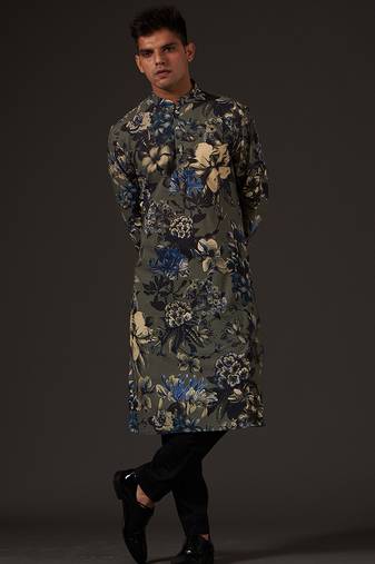 Grey Floral Printed cotton kurta pajama