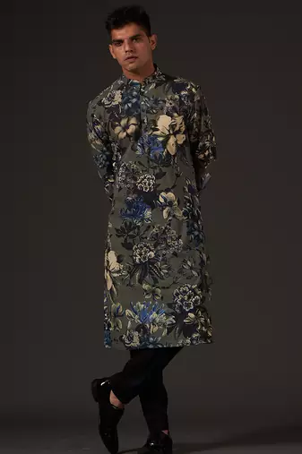 Grey Floral Printed cotton kurta pajama