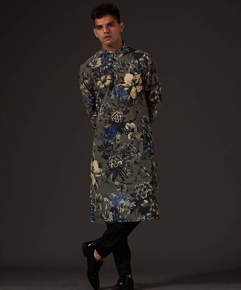 Grey Floral Printed cotton kurta pajama