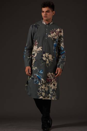 Grey Floral Printed cotton kurta pajama